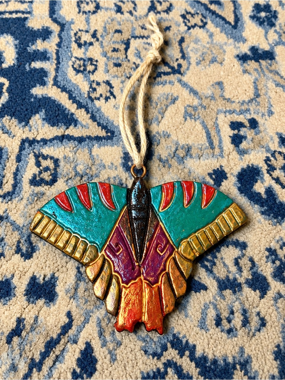 Handcrafted Colorful Moth Holiday Ornament - Teal, Red, Gold, Purple